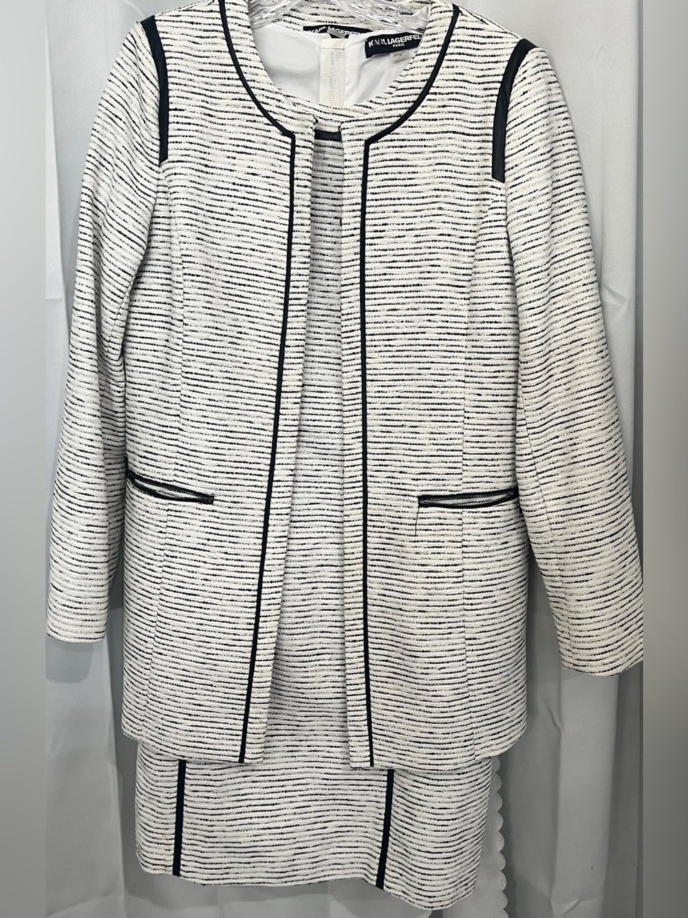 Karl Lagerfeld White Textured Open-Front Jacket with Black Trim